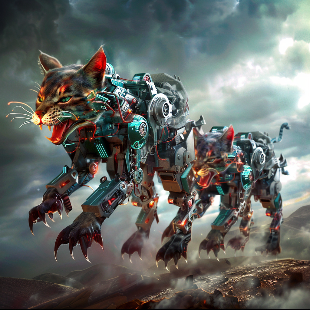 Angry robot cats attacking scene