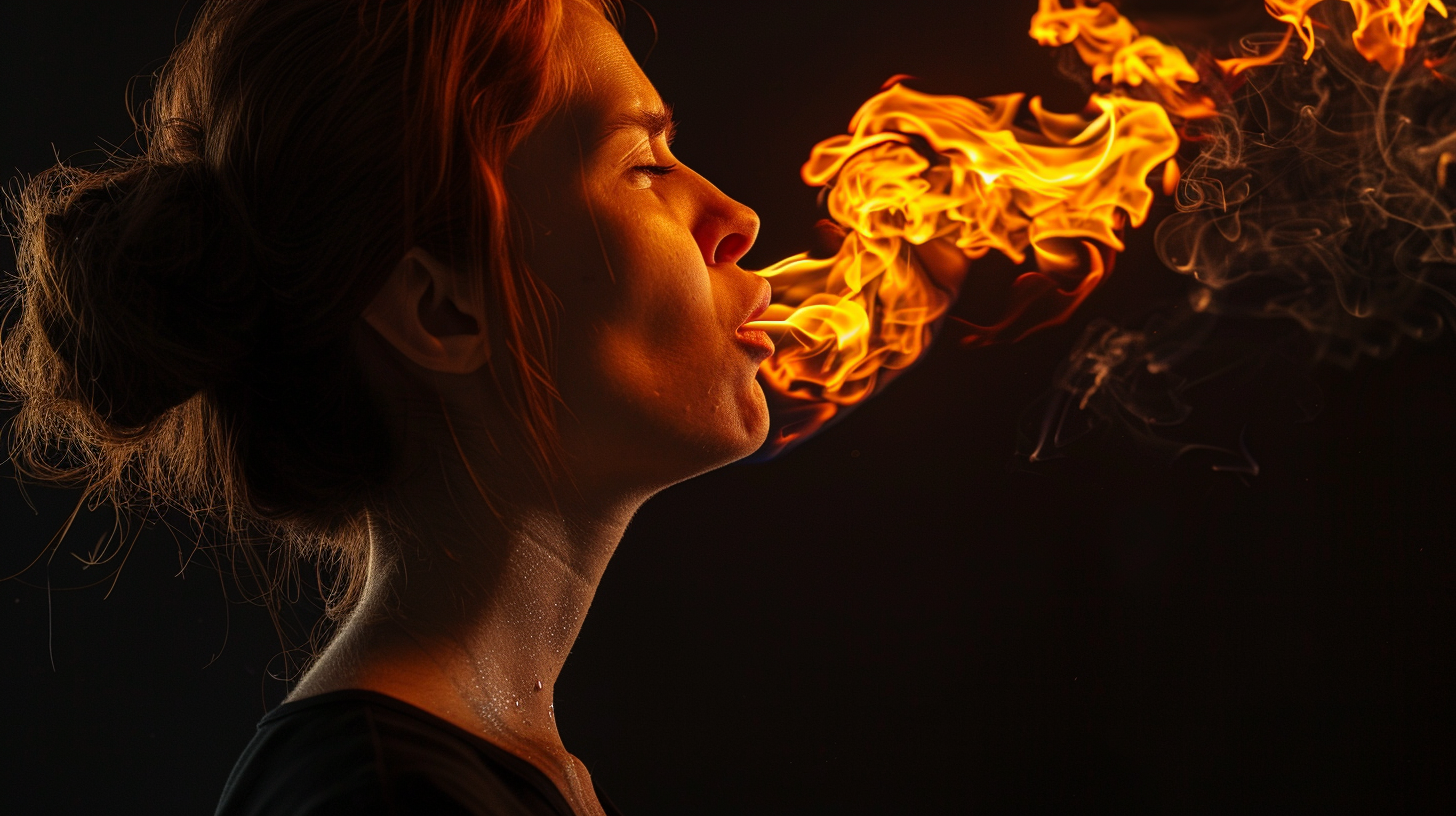 woman profile facing fire column