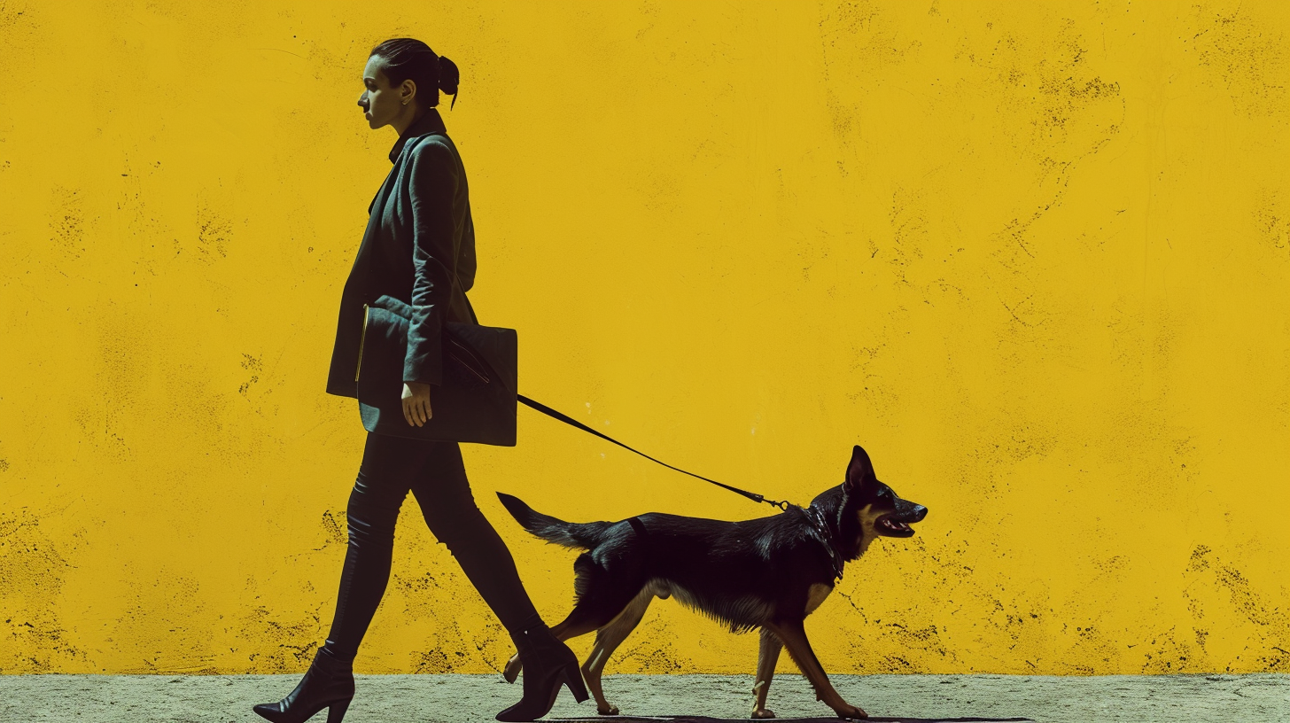 Woman in Officewear Walking with Angry Dog on Leash