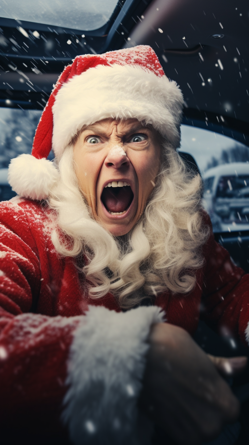 Angry woman rapping in car with Santa hat