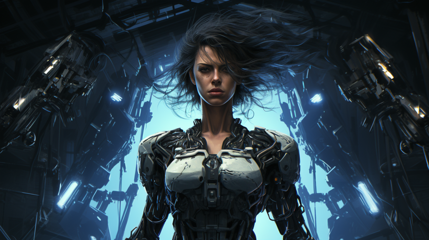 Angry woman yelling with cybernetic augmentations and futuristic armor