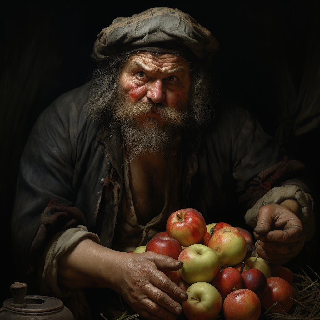 Frustrated apple seller awaiting customers