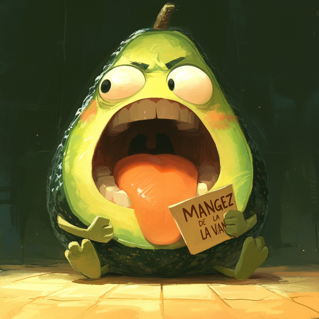 Angry avocado holding  MANGEZ DE LA VIANDE !  sign