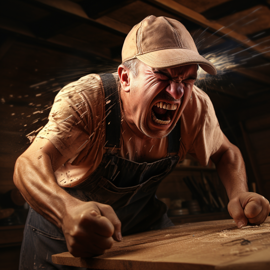 Angry carpenter expressing rage and sadness