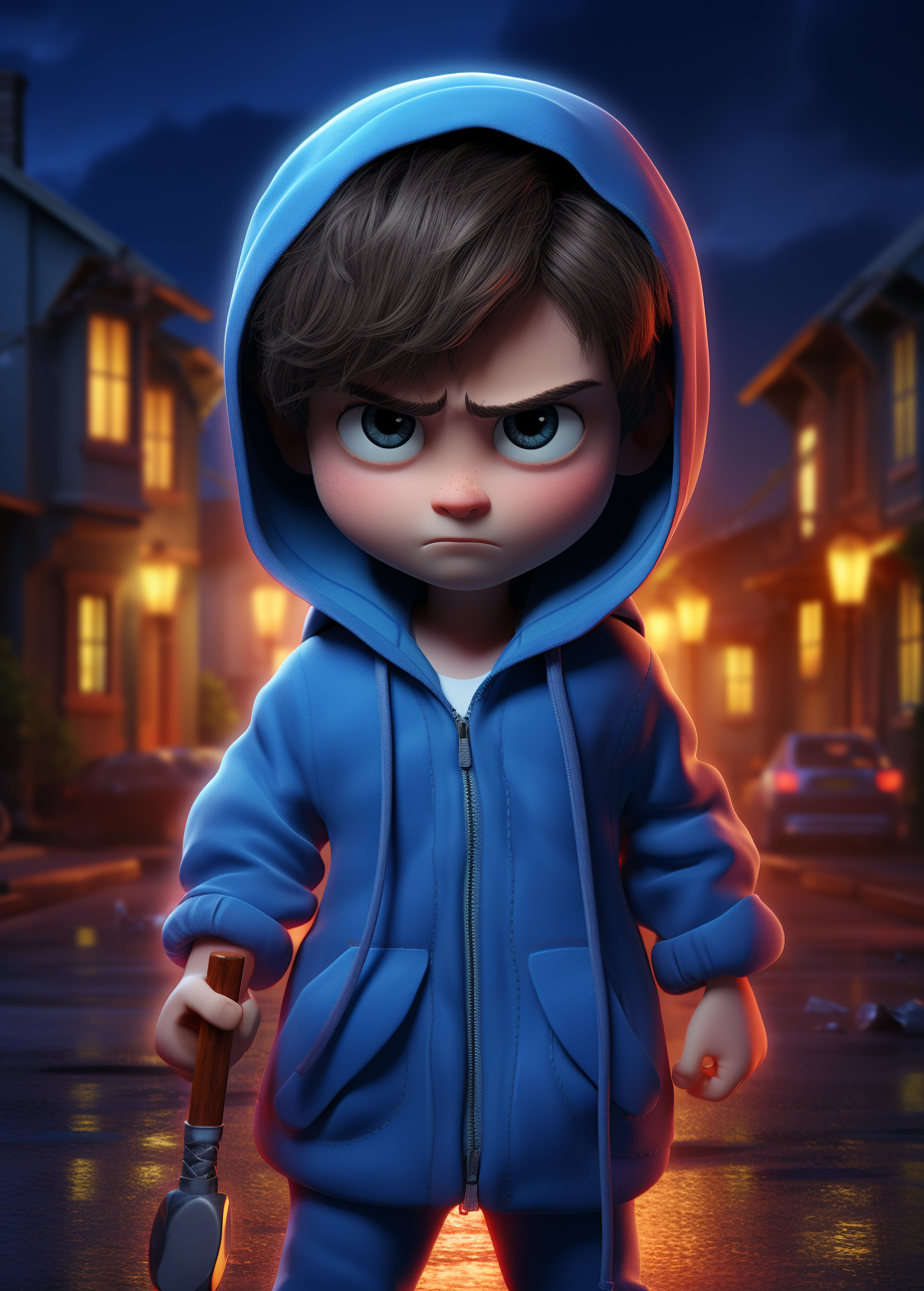 Angry children in blue bathrobe with inflatable knife