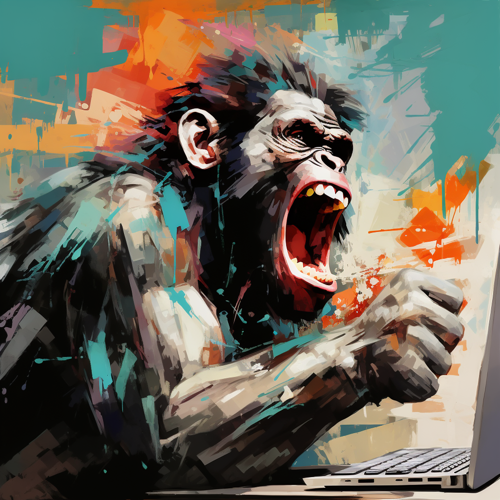 Angry chimp smashing computer screen