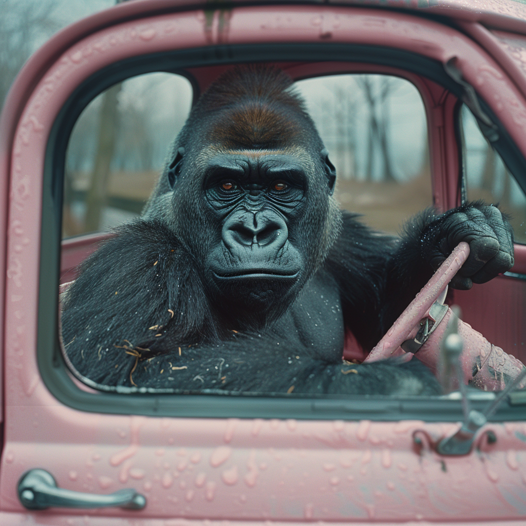 Large angry gorilla driving pink Fiat