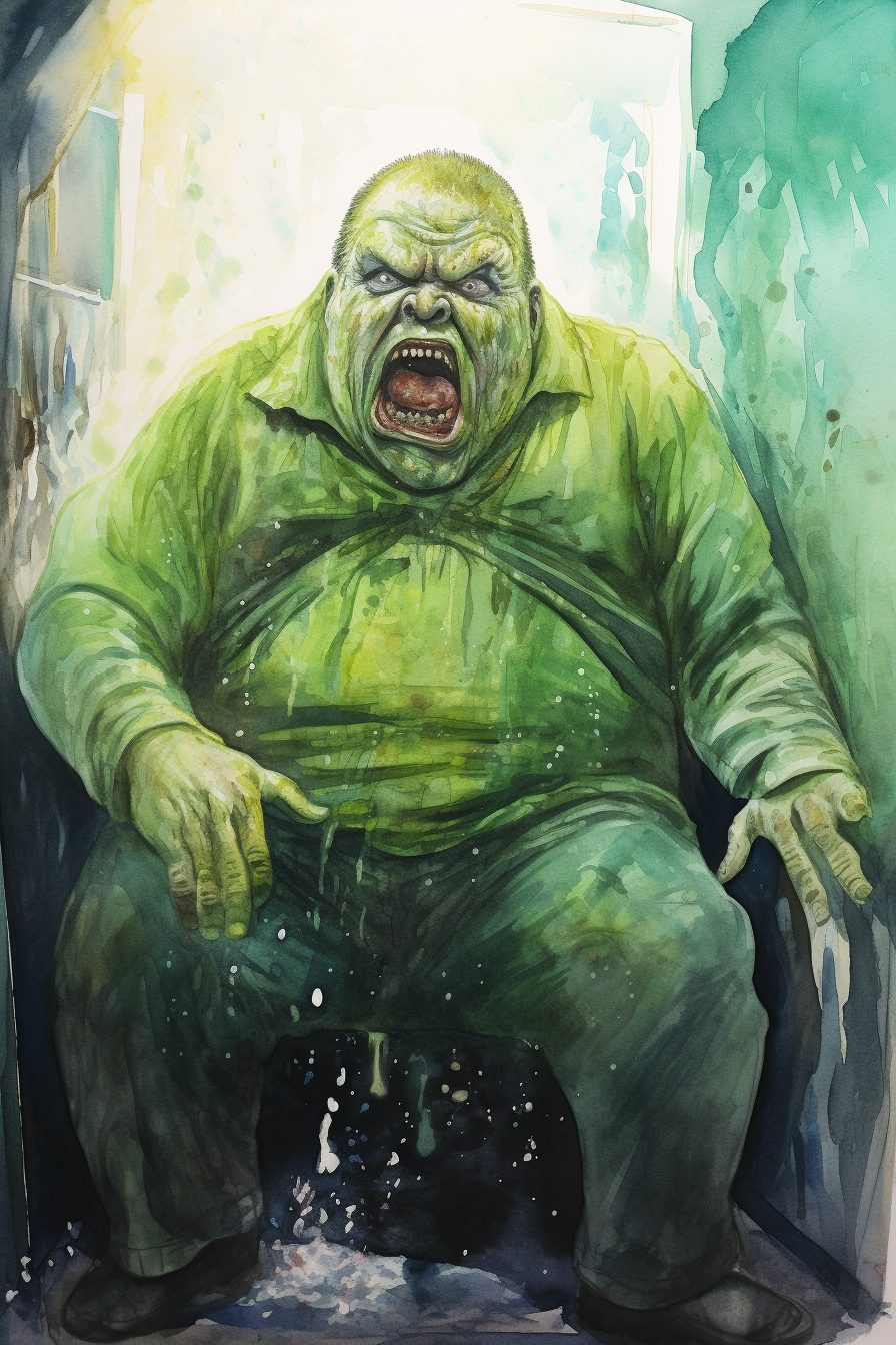 Angry green fat zombie in Soviet bathroom