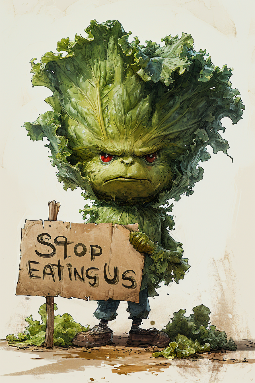 Angry lettuce holding a sign to stop eating vegetables