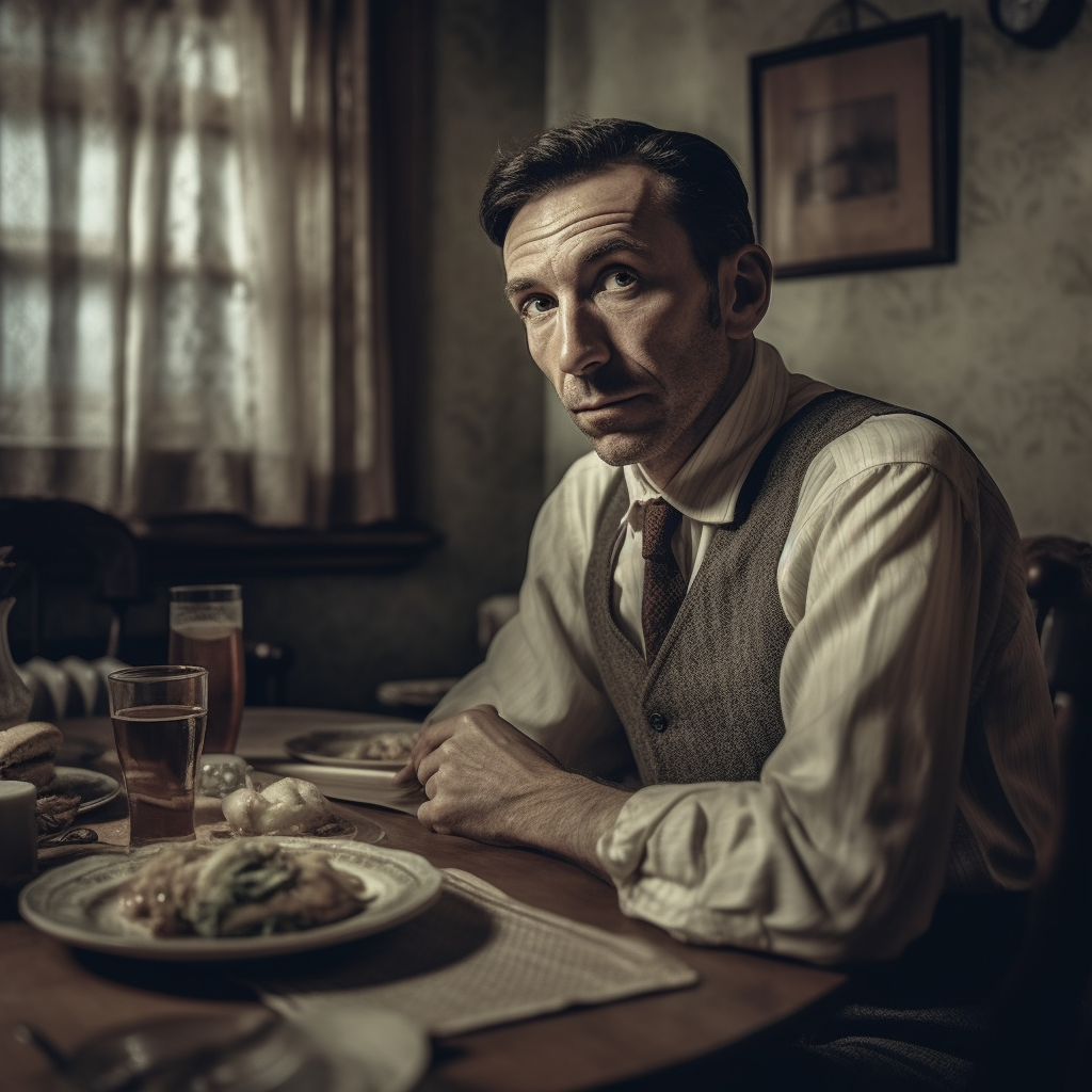 Angry man having dinner in old house