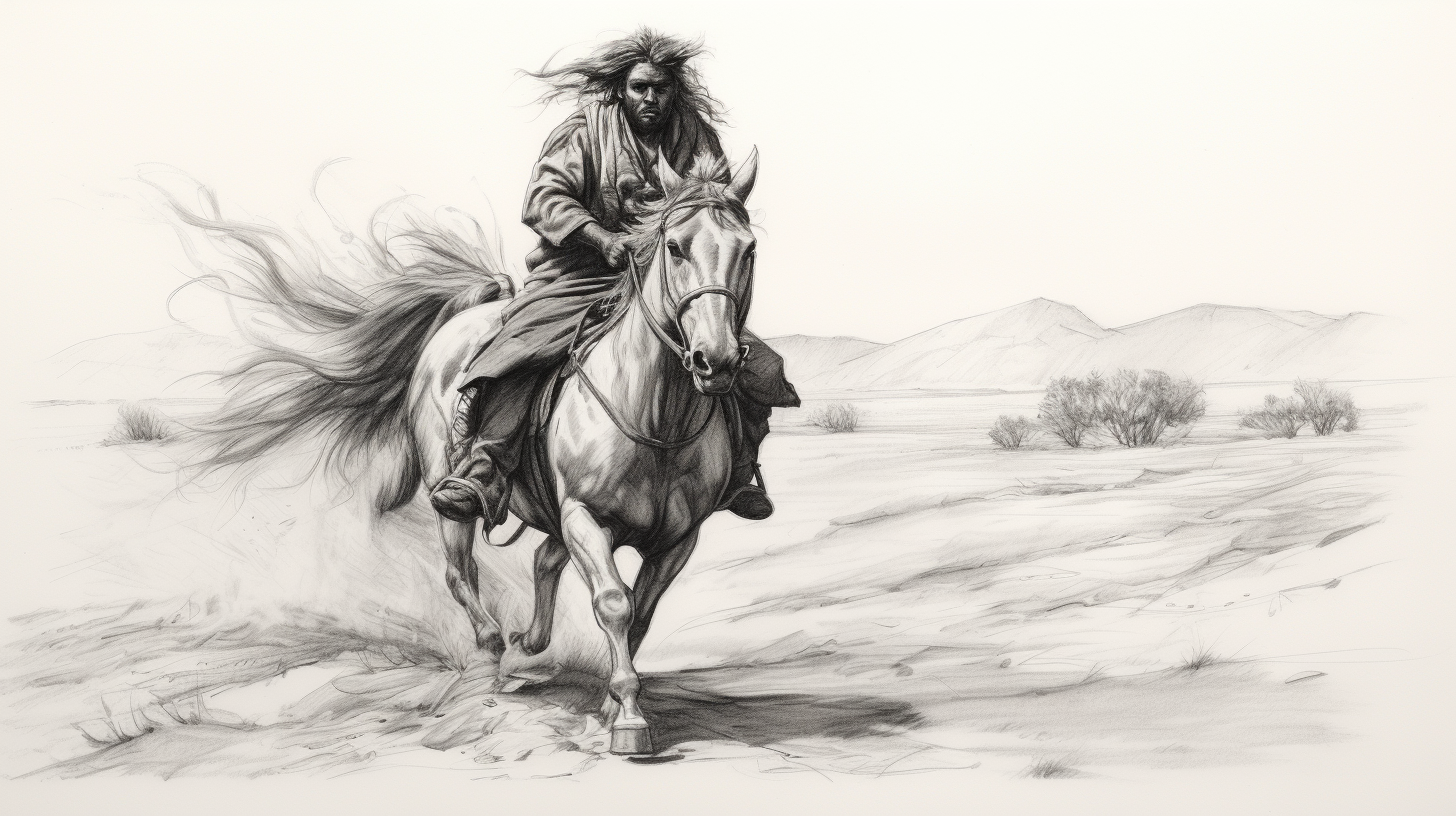 Sketch of Angry Mongolian Tribe Man Riding Horse in Desert