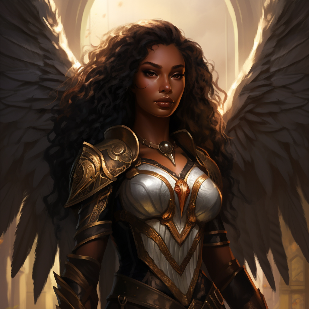 Angry winged paladin with dark skin female