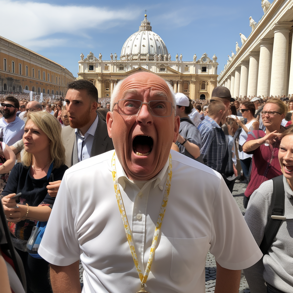 Photorealistic image of furious Pope doing head spins in Vatican