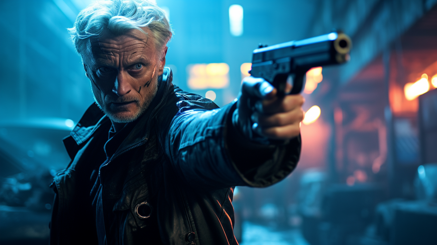 Angry Rutger Hauer as Batty pointing gun