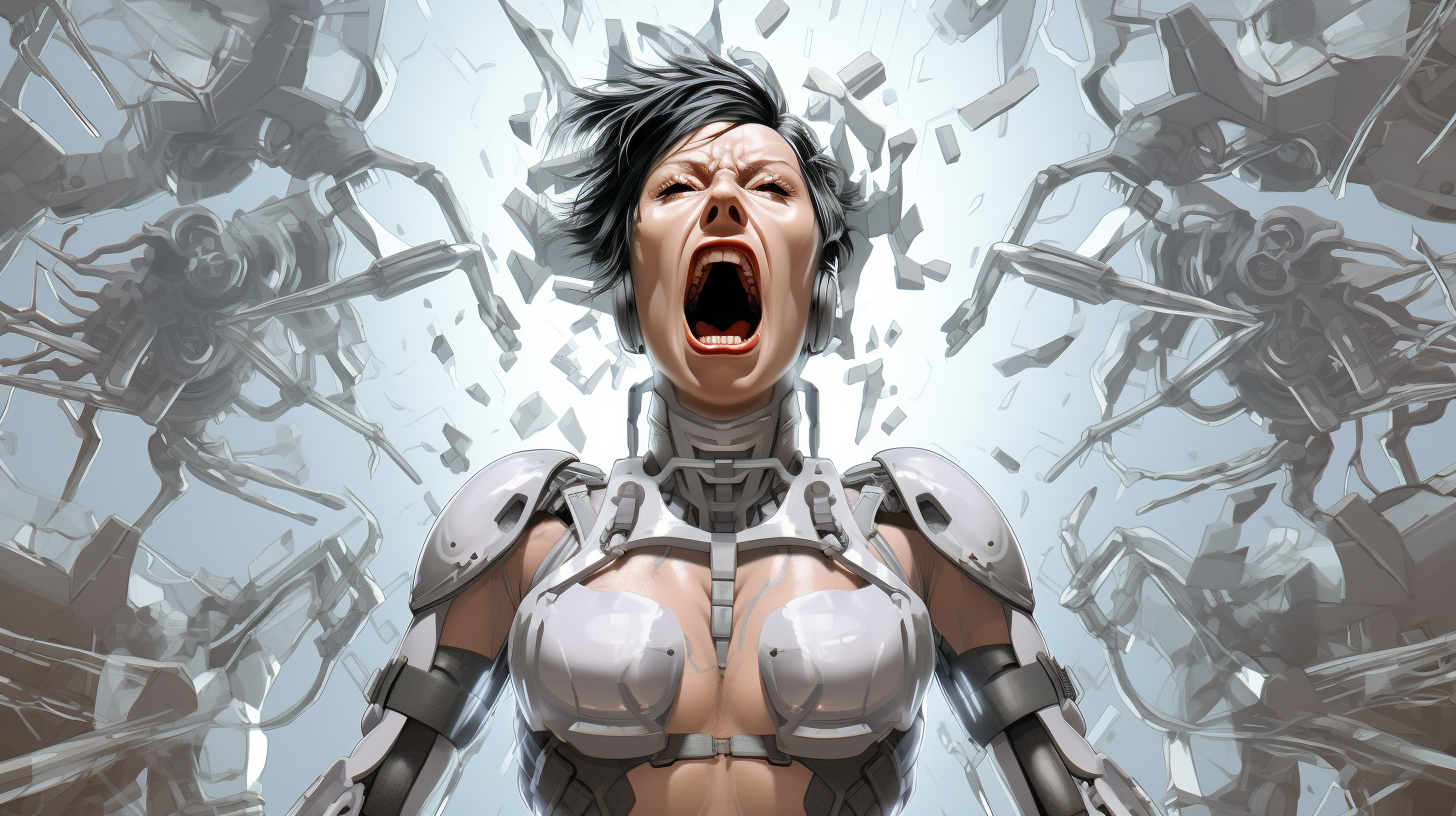 Angry woman with cybernetic implants shouting