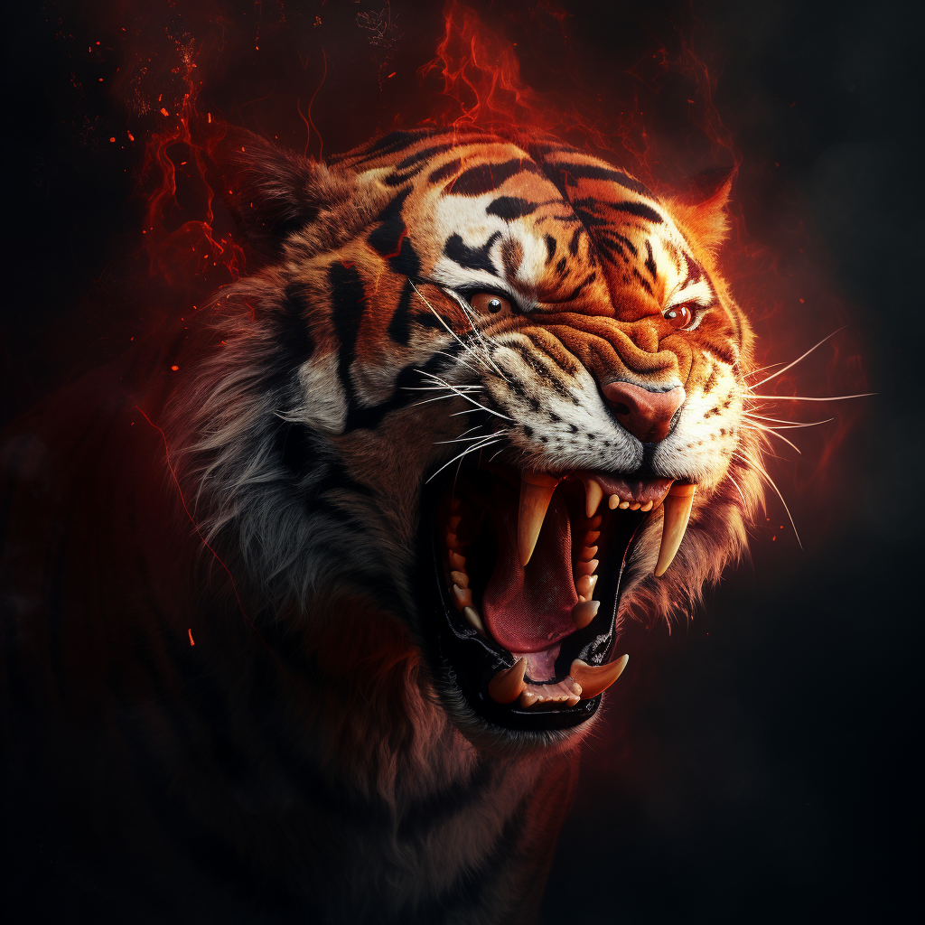 Angry tiger with fiery red background