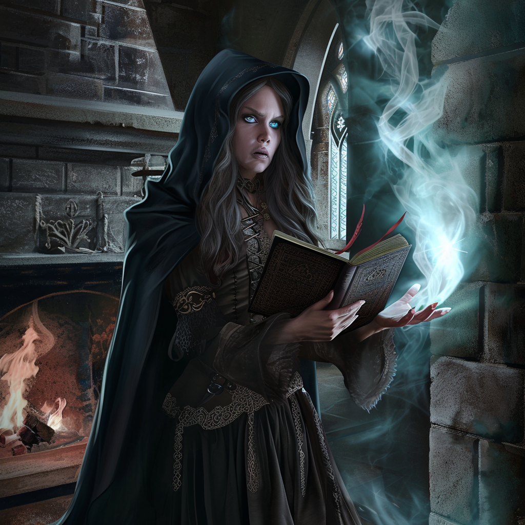 Angry woman casting spell in gothic castle