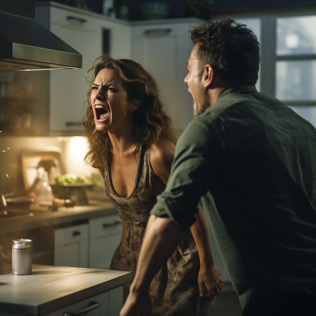 Woman shouting at husband in kitchen