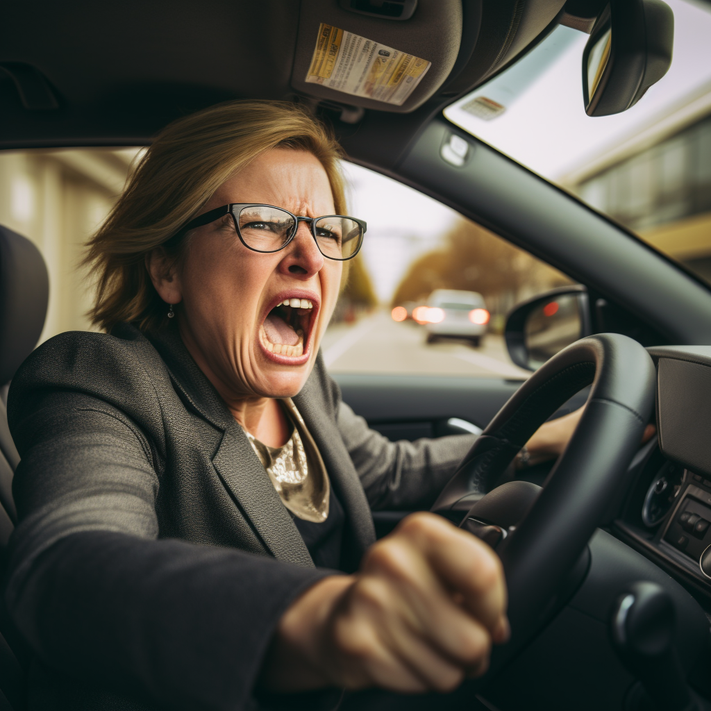 Angry woman in road rage driving