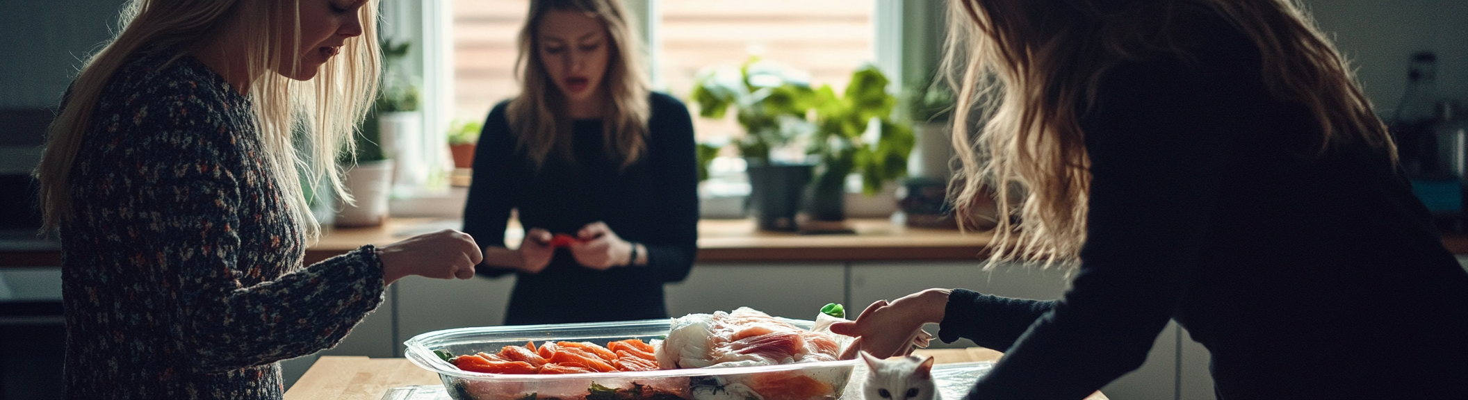 Two angry women pointing at food