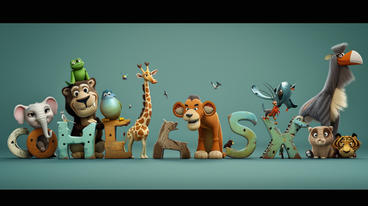 animals with ABC letter in Disney Pixar Style