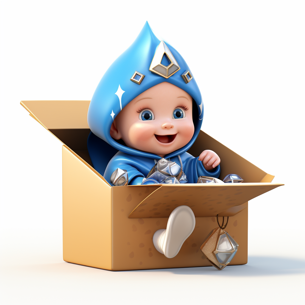 Adorable 3D baby sitting inside a box with jewels