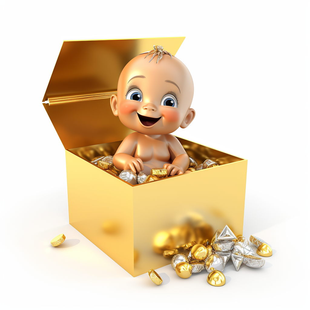 Smiling baby in a cardboard box with jewels and gold