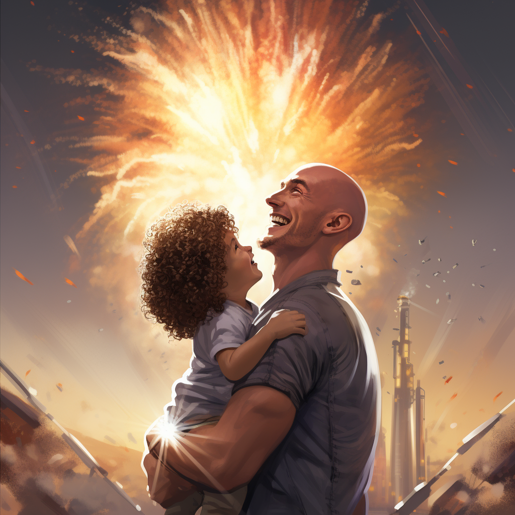 Animated rocket engineer and son watching rocket launch