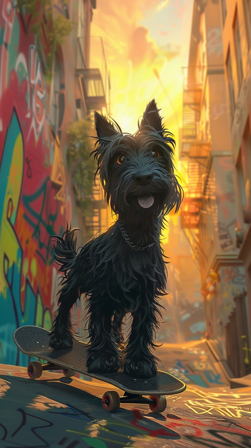 Animated black Scottie dog skateboarding adventure