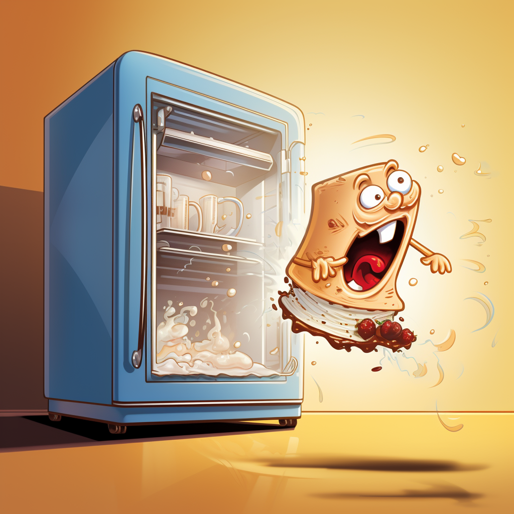 Animated fridge chasing cheesecake cartoon