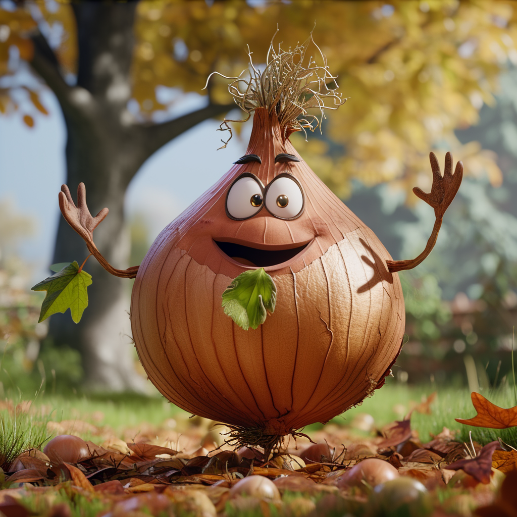 Animated onion in criss-cross costume