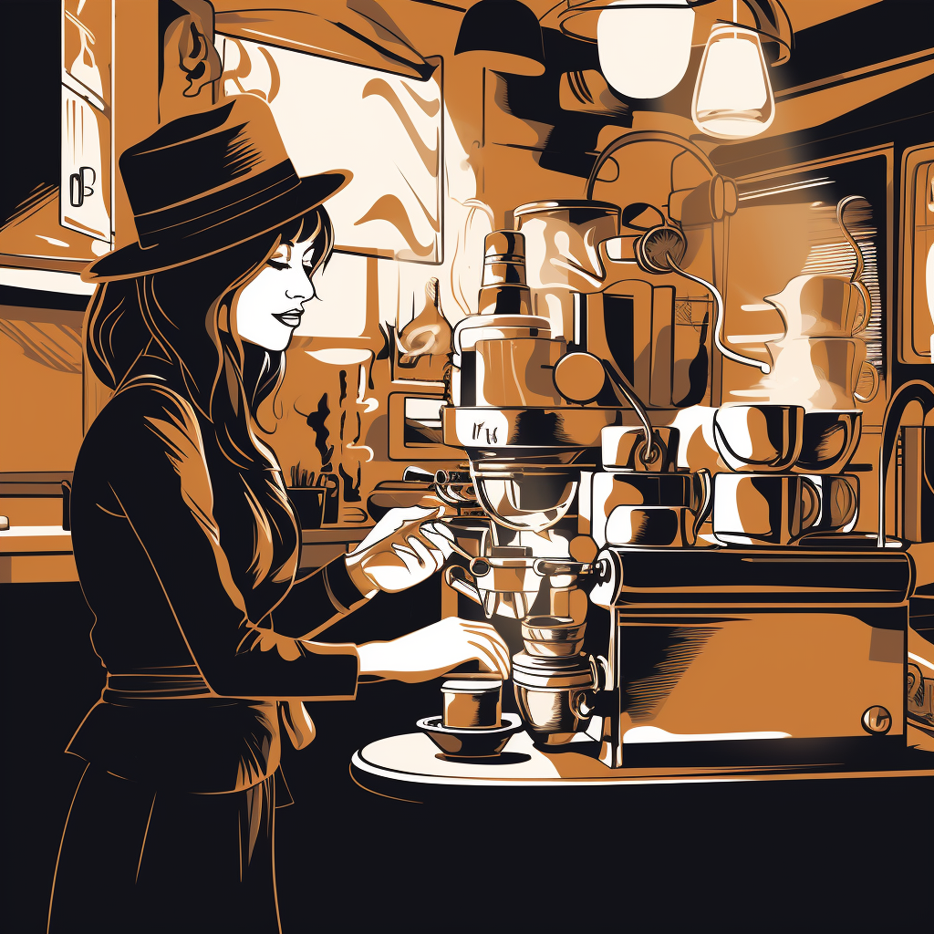 Animated woman brewing espresso in coffee shop