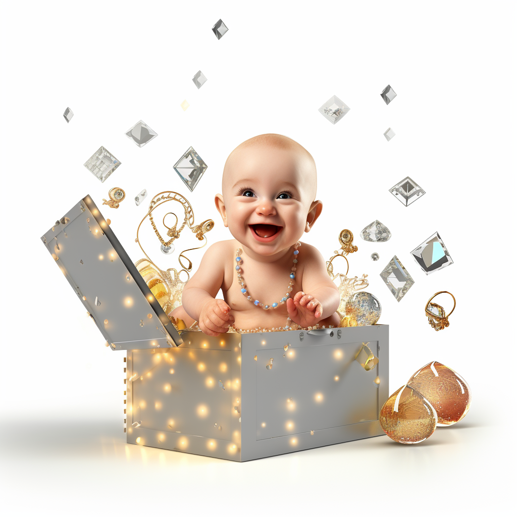 Cute baby sitting in box of jewels