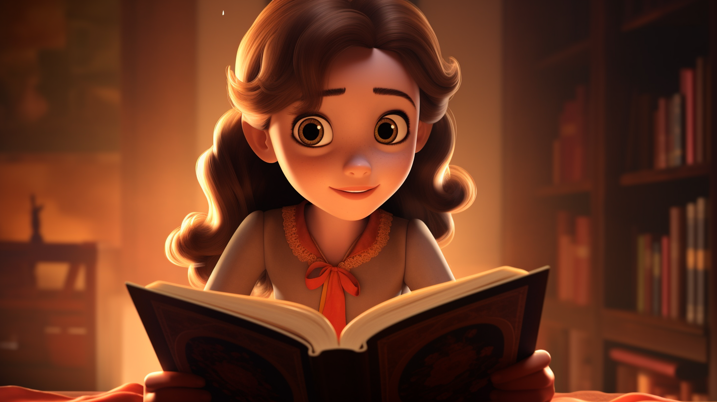 Animated character reading a book