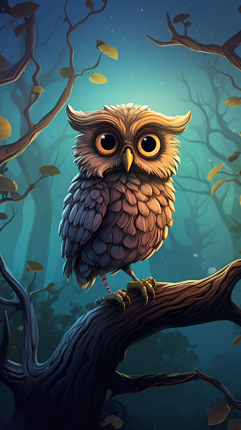 Animated owl perched on tree branch