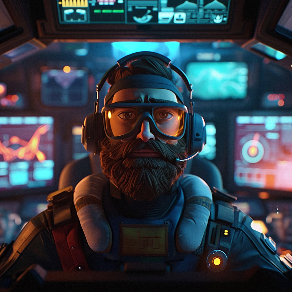 Animated pilot coding in futuristic cockpit