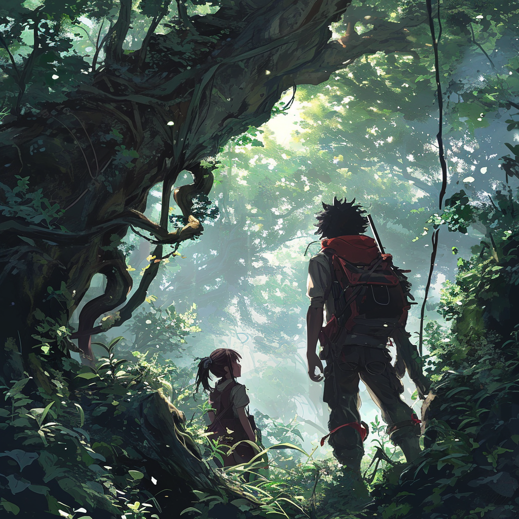 Anime adventurer rescuing woman from menacing forest vines.