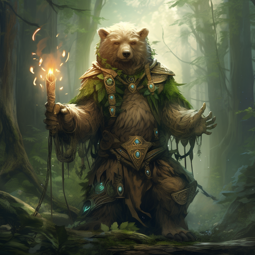 Anime bear druid in beautiful forest