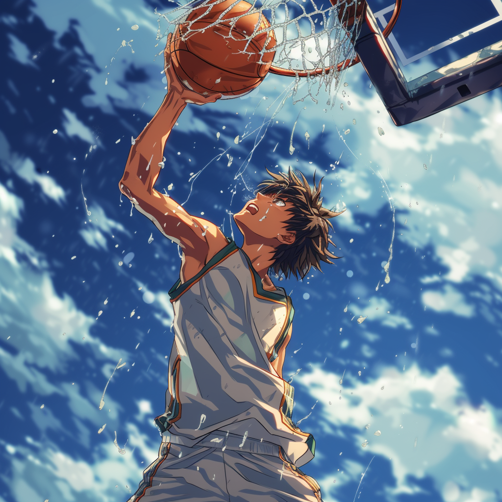 Anime boy dunking basketball moment