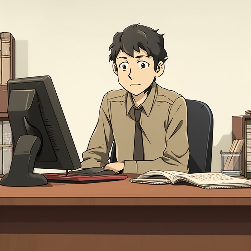 Anime cartoon sitting at desk