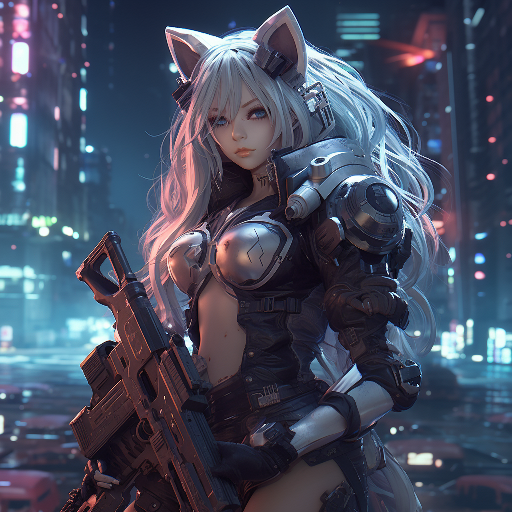 Anime catgirl with long hair in cyberpunk Tokyo night