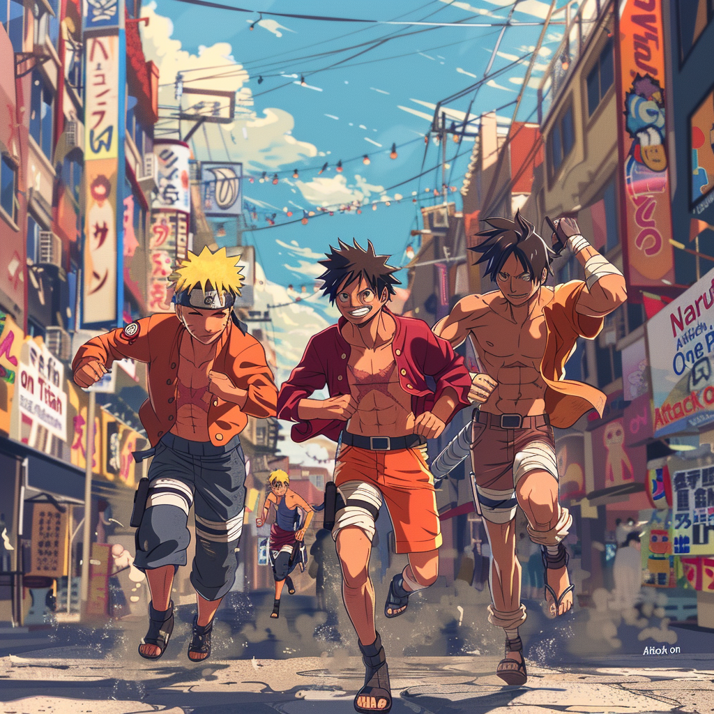 anime characters running street