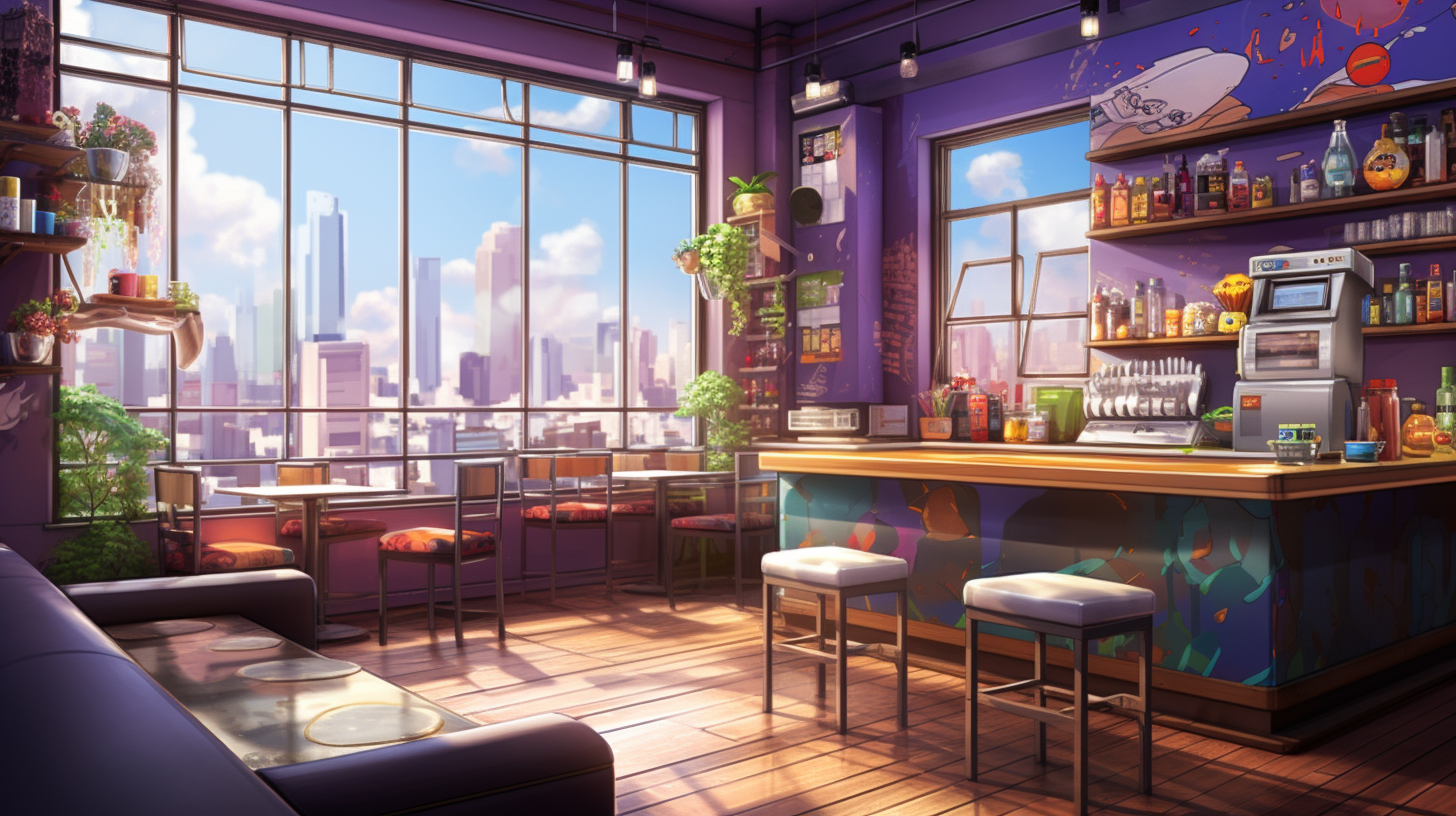 Cozy anime coffee shop with bright window