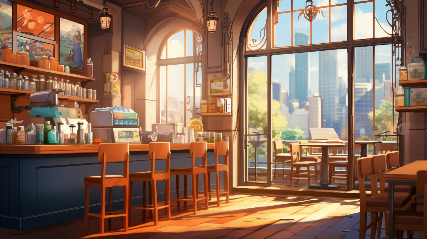 Modern arch window in anime coffee shop