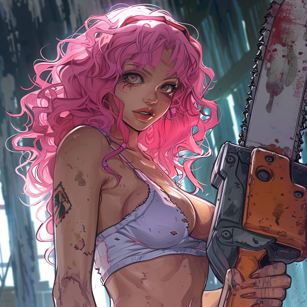 Anime girl with pink hair and chainsaw