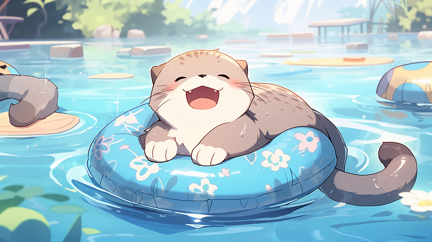 Anime cute otter swimming on pool happy smile