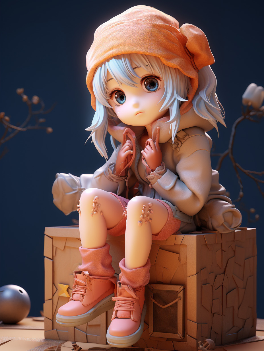 Cute anime doll sitting on box