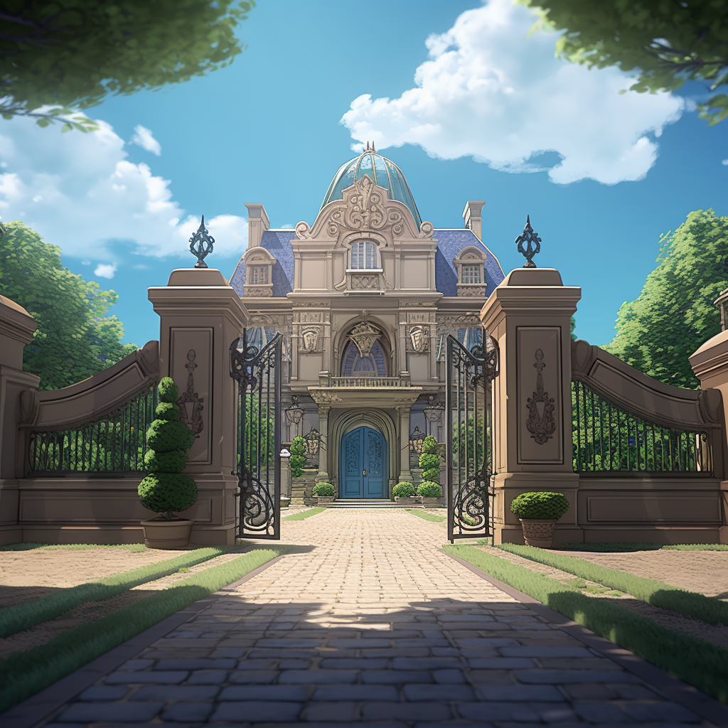 Anime driveway leading to giant metal gate and mansion