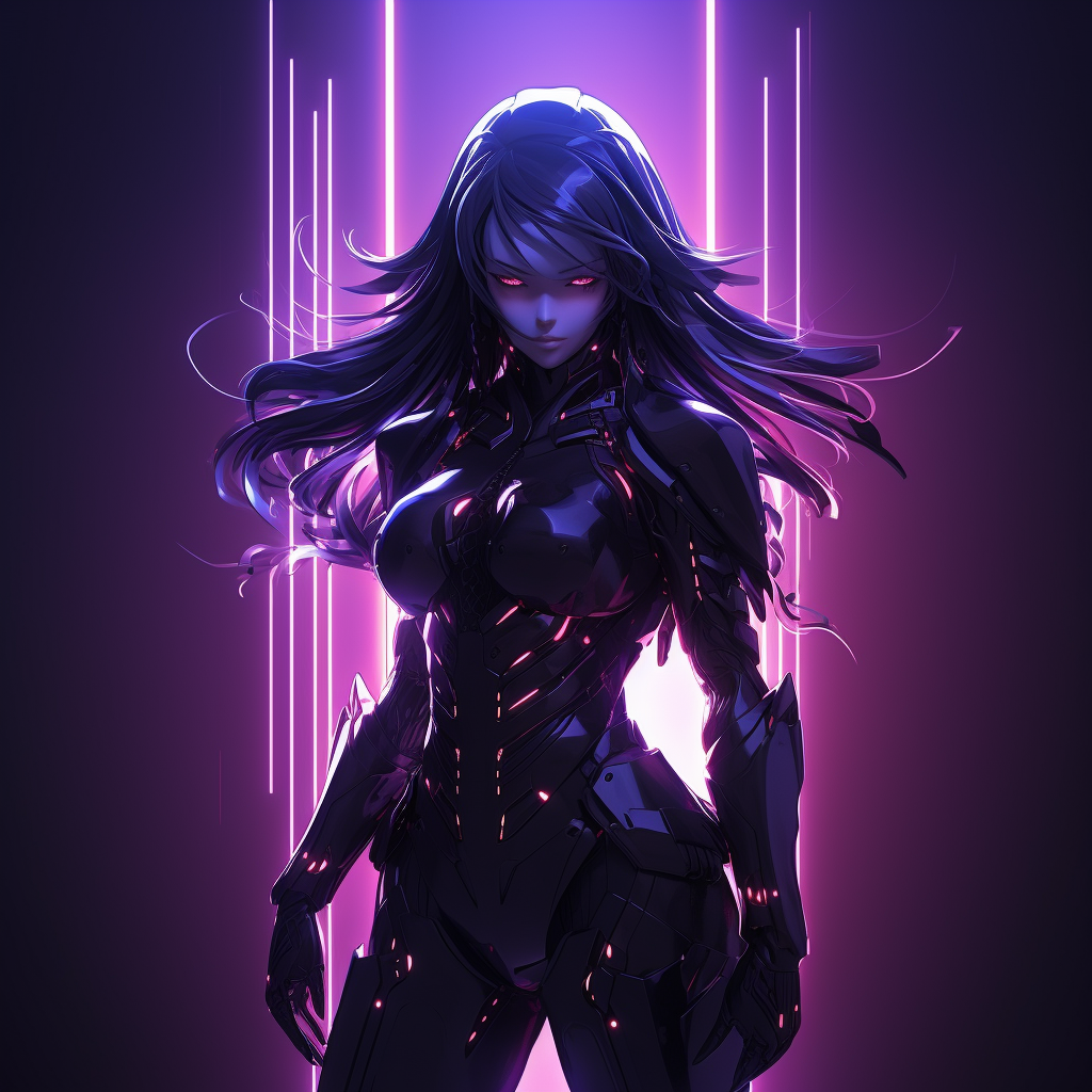 Beautiful anime warrior in black cyber suit