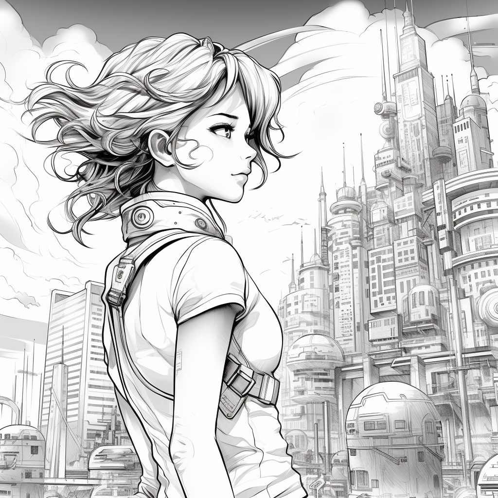 Anime heroine exploring futuristic cityscape